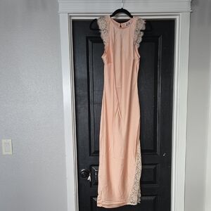 NWT Future Collective Sleeveless Peach Satin And Lace Midi Slip Dress Size XS